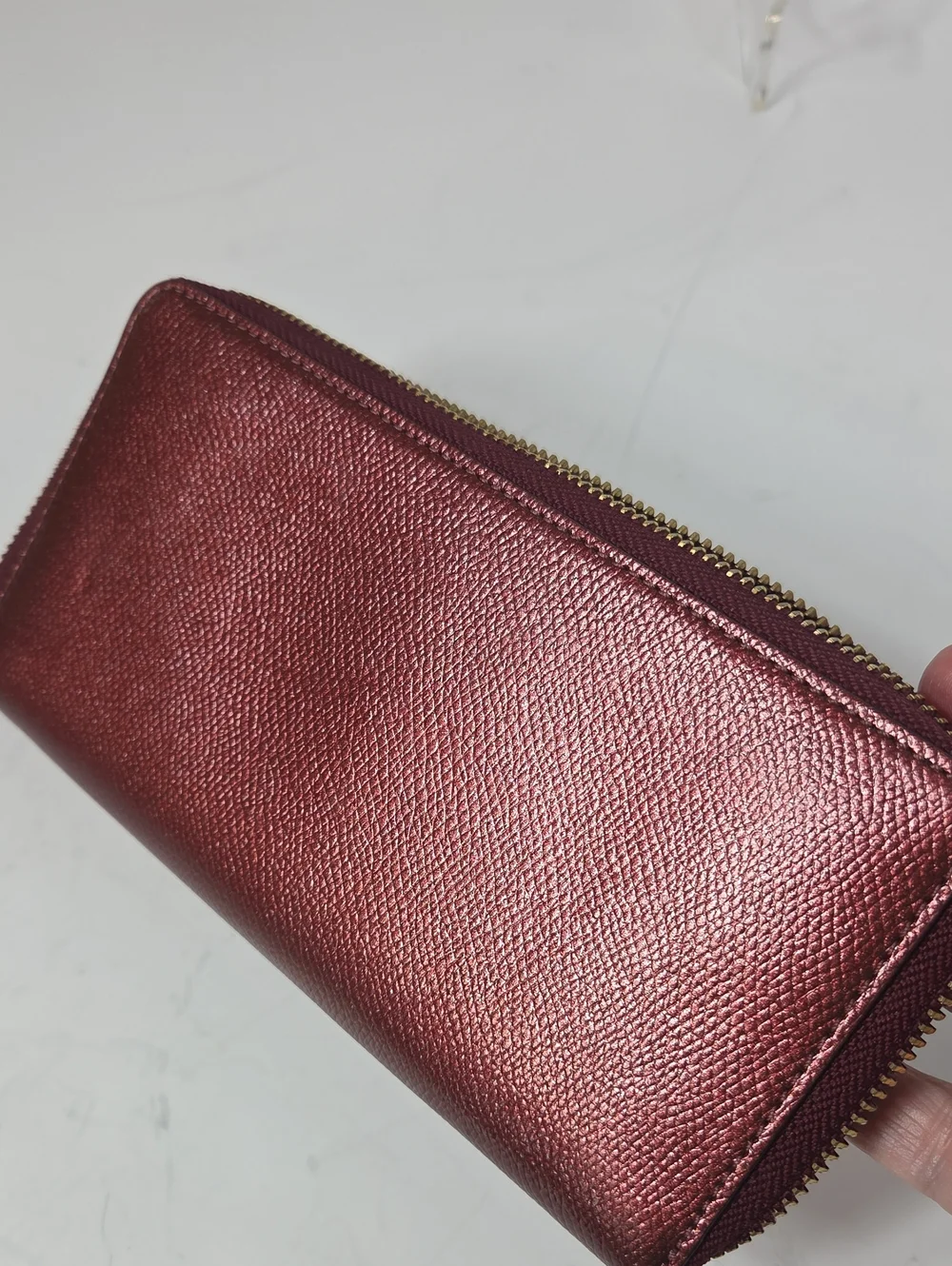 coach f54007 accordian zip around wallet metallic cherry wine front card pocket